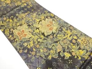 服部織物製　こはく錦二重織手工芸花唐草に菱模様織出し袋帯